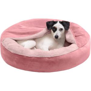 Furhaven 27″ Round Calming Donut Dog Bed for Medium/Small Dogs, Washable, For Dogs Up to 45 lbs – Plush Velvet Waves Hooded Donut Bed – Dark Gray, Medium(Rose Pink)