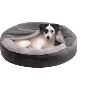 Furhaven 27″ Round Calming Donut Dog Bed for Medium/Small Dogs, Washable, For Dogs Up to 45 lbs – Plush Velvet Waves Hooded Donut Bed – Dark Gray, Medium(Dark Gray)