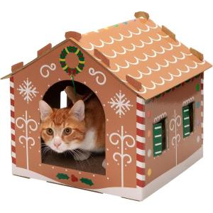 Furhaven Cardboard Cat House w/ Catnip for Indoor Cats, Ft. Scratching Pad & Hanging Toys – Decorated Gingerbread House Holiday Cat Scratcher Hideout – Christmas Print, One Size(Gingerbread Christmas House)