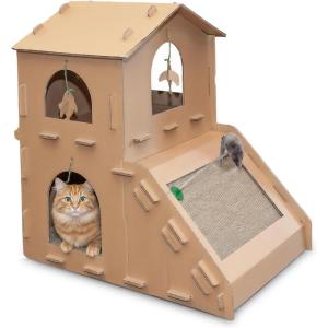 Furhaven Cardboard Hideout w/ Catnip for Indoor Cats, Ft. Scratching Pad, Ball Track, & Toys – Kitty Hideaway Corrugated Cat Scratcher House – Cat Print, One Size(Townhouse Playground)