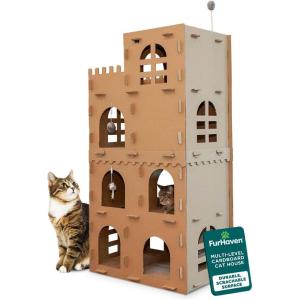 Furhaven Cardboard Hideout w/ Catnip for Indoor Cats, Ft. Scratching Pad, Ball Track, & Toys – Kitty Hideaway Corrugated Cat Scratcher House – Cat Print, One Size(Medieval Castle Playground)