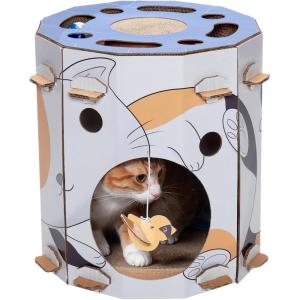 Furhaven Cardboard Hideout w/ Catnip for Indoor Cats, Ft. Scratching Pad, Ball Track, & Toys – Kitty Hideaway Corrugated Cat Scratcher House – Cat Print, One Size(Busy Kitty Playhouse)