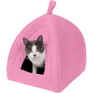 Furhaven Cat Bed Cave for Indoor Cats & Small Dogs, Washable & Foldable w/ Removable Cushion – Polar Fleece Pet Tent – Cotton Candy Pink, Small