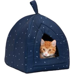 Furhaven Cat Bed Cave for Indoor Cats & Small Dogs, Washable & Foldable w/ Removable Cushion – Polycanvas Print Pet Tent – Night Sky, Small