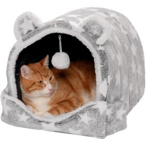 Furhaven Cat Bed Snuggle Hideout for Indoor Cats & Small Dogs, Washable & Foldable w/ Plush Ball Toy – Snuggle Hideout Pet Tent – Pink Stars, Small(Cozy Cave – Fleece & Faux Fur (Silver Stars))