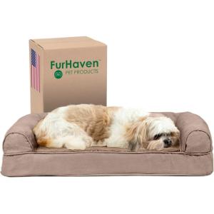 Furhaven Cooling Gel Dog Bed for Large Dogs w/ Removable Bolsters & Washable Cover, For Dogs Up to 95 lbs – Plush & Suede Sofa – Deep Pool, Jumbo/XL(Almondine)