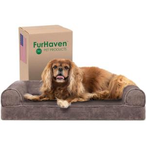 Furhaven Cooling Gel Dog Bed for Large Dogs w/ Removable Bolsters & Washable Cover, For Dogs Up to 95 lbs – Plush & Suede Sofa – Deep Pool, Jumbo/XL(Driftwood Brown)