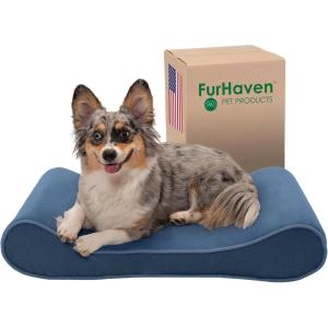 Furhaven Cooling Gel Dog Bed for Large Dogs w/ Removable Washable Cover, For Dogs Up to 75 lbs – Ultra Plush Faux Fur & Suede Luxe Lounger Contour Mattress – Chocolate, Jumbo/XL(Stellar Blue (Microvelvet Luxe))