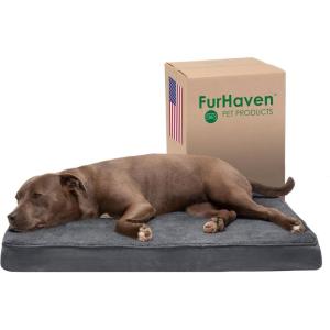 Furhaven Cooling Gel Dog Bed for Large Dogs w/ Removable Washable Cover, For Dogs Up to 95 lbs – Ultra Plush Faux Fur & Suede Mattress – Gray, Jumbo/XXL(Terry & Suede (Gray))