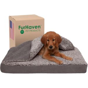 Furhaven Cooling Gel Dog Bed for Large Dogs w/ Removable Washable Cover, For Dogs Up to 95 lbs – Ultra Plush Faux Fur & Suede Mattress – Gray, Jumbo/XXL(Blanket Top – Berber & Suede (Gray))