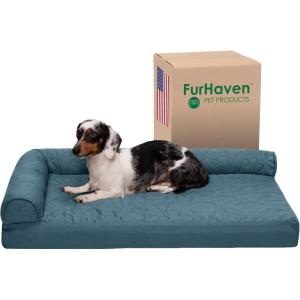Furhaven Cooling Gel Dog Bed for Medium/Small Dogs w/ Removable Bolsters & Washable Cover, For Dogs Up to 35 lbs – Pinsonic Quilted Paw L Shaped Chaise – Titanium, Medium((Quilted Paw) Bluestone)