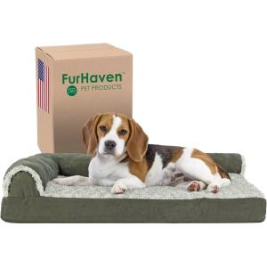 Furhaven Cooling Gel Dog Bed for Medium/Small Dogs w/ Removable Bolsters & Washable Cover, For Dogs Up to 35 lbs – Pinsonic Quilted Paw L Shaped Chaise – Titanium, Medium((Two-Tone Faux Fur & Suede) Dark Sage)
