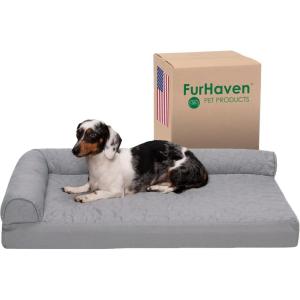 Furhaven Cooling Gel Dog Bed for Medium/Small Dogs w/ Removable Bolsters & Washable Cover, For Dogs Up to 35 lbs – Pinsonic Quilted Paw L Shaped Chaise – Titanium, Medium((Quilted Paw) Titanium)