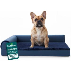 Furhaven Cooling Gel Dog Bed for Medium/Small Dogs w/ Removable Bolsters & Washable Cover, For Dogs Up to 35 lbs – Pinsonic Quilted Paw L Shaped Chaise – Titanium, Medium((Plush & Velvet) Deep Sapphire)
