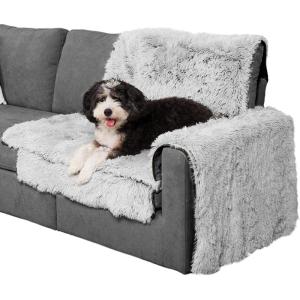 Furhaven Corner Cushion Seat Cover for Dogs & Cats, Washable, For Couches, Sectional Sofas, & L Shaped Couches – Snuggle Spot Shaggy Long Faux Fur Corner Throw – Gray, One Size(Mist Gray)