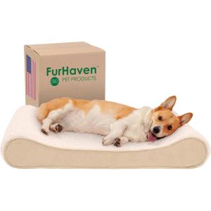 Furhaven Memory Foam Dog Bed for Large/Medium Dogs w/ Removable Washable Cover, For Dogs Up to 38 lbs – Ultra Plush Faux Fur & Suede Luxe Lounger Contour Mattress – Cream, Large