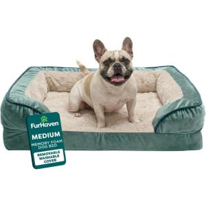 Furhaven Memory Foam Dog Bed for Medium/Small Dogs w/ Removable Bolsters & Washable Cover, For Dogs Up to 35 lbs – Plush & Velvet Waves Perfect Comfort Sofa – Celadon Green, Medium(Celadon Green (Plush & Velvet Waves))