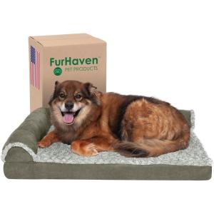 Furhaven Memory Foam Dog Bed for Medium/Small Dogs w/ Removable Bolsters & Washable Cover, For Dogs Up to 35 lbs – Two-Tone Plush Faux Fur & Suede L Shaped Chaise – Stone Gray, Medium((Quilted Paw) Iceberg Green)
