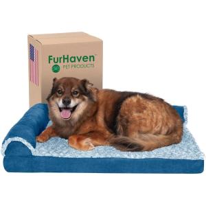 Furhaven Memory Foam Dog Bed for Medium/Small Dogs w/ Removable Bolsters & Washable Cover, For Dogs Up to 35 lbs – Two-Tone Plush Faux Fur & Suede L Shaped Chaise – Stone Gray, Medium((Plush & Velvet) Sable Brown)