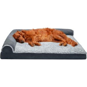 Furhaven Memory Foam Dog Bed for Medium/Small Dogs w/ Removable Bolsters & Washable Cover, For Dogs Up to 35 lbs – Two-Tone Plush Faux Fur & Suede L Shaped Chaise – Stone Gray, Medium((Quilted Paw) Bluestone)