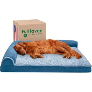 Furhaven Memory Foam Dog Bed for Medium/Small Dogs w/ Removable Bolsters & Washable Cover, For Dogs Up to 35 lbs – Two-Tone Plush Faux Fur & Suede L Shaped Chaise – Stone Gray, Medium((Two-Tone Faux Fur & Suede) Marine Blu)