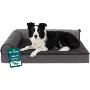 Furhaven Orthopedic Dog Bed for Large Dogs w/ Removable Bolsters & Washable Cover, For Dogs Up to 125 lbs – Plush & Velvet L Shaped Chaise – Platinum Gray, Jumbo Plus/XXL(Platinum Gray)