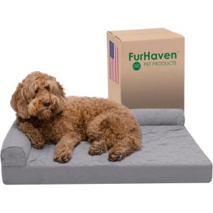Furhaven Orthopedic Dog Bed for Large Dogs w/ Removable Bolsters & Washable Cover, For Dogs Up to 125 lbs – Plush & Velvet L Shaped Chaise – Platinum Gray, Jumbo Plus/XXL(Titanium)