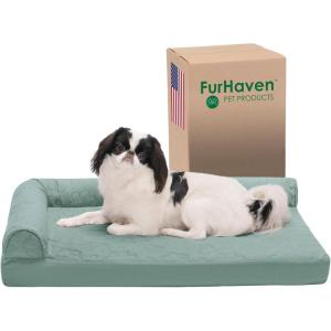 Furhaven Orthopedic Dog Bed for Large Dogs w/ Removable Bolsters & Washable Cover, For Dogs Up to 125 lbs – Plush & Velvet L Shaped Chaise – Platinum Gray, Jumbo Plus/XXL(Iceberg Green)