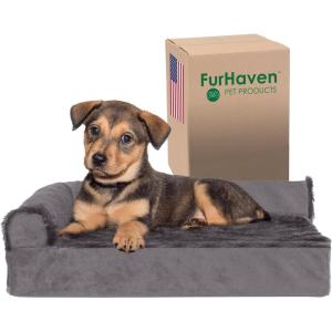 Furhaven Orthopedic Dog Bed for Large Dogs w/ Removable Bolsters & Washable Cover, For Dogs Up to 125 lbs – Two-Tone Plush Faux Fur & Suede L Shaped Chaise – Marine Blue, Jumbo Plus/XXL(Platinum Gray)