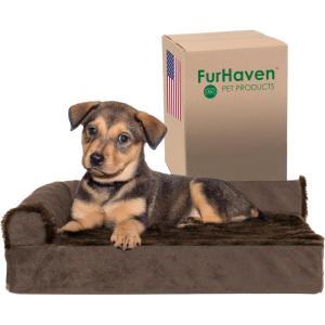 Furhaven Orthopedic Dog Bed for Large Dogs w/ Removable Bolsters & Washable Cover, For Dogs Up to 125 lbs – Two-Tone Plush Faux Fur & Suede L Shaped Chaise – Marine Blue, Jumbo Plus/XXL(Sable Brown)