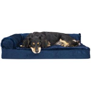 Furhaven Orthopedic Dog Bed for Large Dogs w/ Removable Bolsters & Washable Cover, For Dogs Up to 95 lbs – Plush & Velvet L Shaped Chaise – Sable Brown, Jumbo/XL(Deep Sapphire)