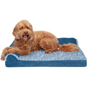 Furhaven Orthopedic Dog Bed for Large Dogs w/ Removable Bolsters & Washable Cover, For Dogs Up to 95 lbs – Plush & Velvet L Shaped Chaise – Sable Brown, Jumbo/XL(Marine Blue)
