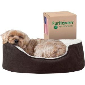 Furhaven Orthopedic Dog Bed for Large/Medium Dogs w/ Removable Washable Cover, For Dogs Up to 30 lbs – Sherpa & Suede Oval Lounger – Clay, Large(Sherpa & Suede Espresso)