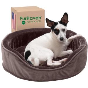 Furhaven Orthopedic Dog Bed for Large/Medium Dogs w/ Removable Washable Cover, For Dogs Up to 30 lbs – Sherpa & Suede Oval Lounger – Clay, Large(Velvet Driftwood Brown)