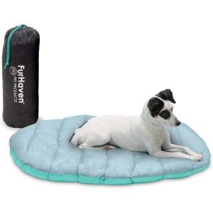 Furhaven Outdoor Travel Dog Bed for Large/Medium Dogs w/ Carry Bag, Washable & Foldable, Great for Crates & Kennels – Trail Pup Travel Pillow Mat w/ Stuff Sack Bag – Paprika/Camo-Paw, Large(Aqua/Granite Gray)