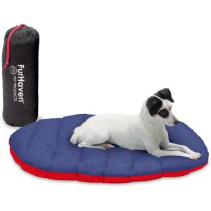 Furhaven Outdoor Travel Dog Bed for Large/Medium Dogs w/ Carry Bag, Washable & Foldable, Great for Crates & Kennels – Trail Pup Travel Pillow Mat w/ Stuff Sack Bag – Paprika/Camo-Paw, Large(Flame Red/True Blue)