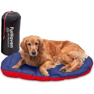 Furhaven Outdoor Travel Dog Bed for Large/Medium Dogs w/ Carry Bag, Washable & Foldable, Great for Crates & Kennels – Trail Pup Travel Pillow Mat w/ Stuff Sack Bag – Flame Red/True Blue, Large
