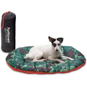 Furhaven Outdoor Travel Dog Bed for Small Dogs w/ Carry Bag, Washable & Foldable, Great for Crates & Kennels – Trail Pup Travel Pillow Mat w/ Stuff Sack Bag – Paprika/Camo-Paw, Small