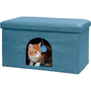 Furhaven Pet House for Indoor Cats & Medium/Small Dogs, Collapsible & Foldable w/ Plush Ball Toy – Living Room Ottoman Cat Condo – Ocean Blue, Large