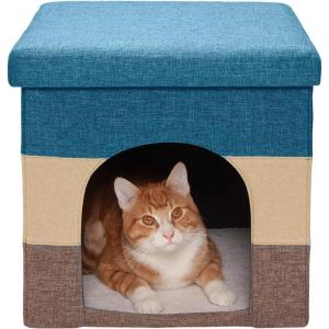 Furhaven Pet House for Indoor Cats & Small Dogs, Collapsible & Foldable w/ Plush Ball Toy – Living Room Footstool Cat Condo – Beach House Stripe (Brown/Blue), Small