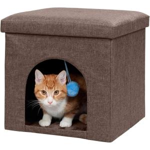 Furhaven Pet House for Indoor Cats & Small Dogs, Collapsible & Foldable w/ Plush Ball Toy – Living Room Footstool Cat Condo – Coconut Brown, Small