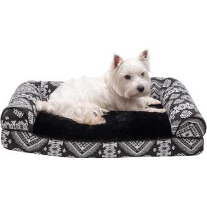 Furhaven Pillow Dog Bed for Large Dogs w/ Removable Bolsters & Washable Cover – Faux Fur & Velvet Sofa – Dark Sage, Jumbo/XL((Plush & Southwest Kilim Decor) Black Medallion)
