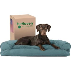 Furhaven Pillow Dog Bed for Large Dogs w/ Removable Bolsters & Washable Cover – Faux Fur & Velvet Sofa – Dark Sage, Jumbo/XL((Plush & Suede) Deep Pool)