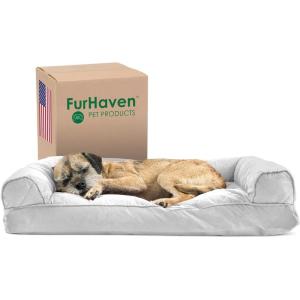 Furhaven Pillow Dog Bed for Large Dogs w/ Removable Bolsters & Washable Cover – Faux Fur & Velvet Sofa – Dark Sage, Jumbo/XL((Quilted) Silver Gray)