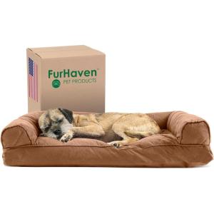Furhaven Pillow Dog Bed for Large Dogs w/ Removable Bolsters & Washable Cover – Faux Fur & Velvet Sofa – Dark Sage, Jumbo/XL((Quilted) Toasted Brown)