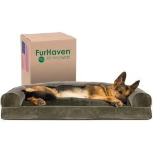 Furhaven Pillow Dog Bed for Large Dogs w/ Removable Bolsters & Washable Cover – Faux Fur & Velvet Sofa – Dark Sage, Jumbo/XL(Sofa – Faux Fur & Velvet (Dark Sage))
