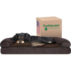 Furhaven Pillow Dog Bed for Large Dogs w/ Removable Bolsters & Washable Cover – Faux Fur & Velvet Sofa – Dark Sage, Jumbo/XL(Sofa – Sherpa & Chenille (Coffee))