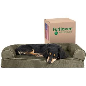 Furhaven Pillow Dog Bed for Large Dogs w/ Removable Bolsters & Washable Cover – Faux Fur & Velvet Sofa – Dark Sage, Jumbo/XL(Velvet Dark Sage)