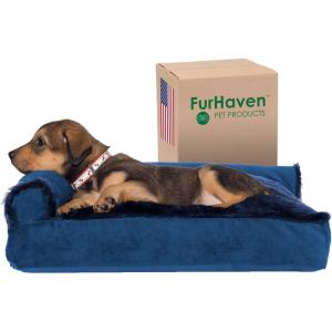 Furhaven Pillow Dog Bed for Large/Medium Dogs w/ Removable Bolsters & Washable Cover – Plush & Velvet L Shaped Chaise – Platinum Gray, Large(Velvet Deep Sapphire)