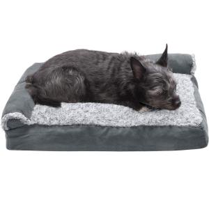 Furhaven Pillow Dog Bed for Medium/Small Dogs w/ Removable Bolsters & Washable Cover – Two-Tone Plush Faux Fur & Suede L Shaped Chaise – Dark Sage, Medium(Stone Gray)